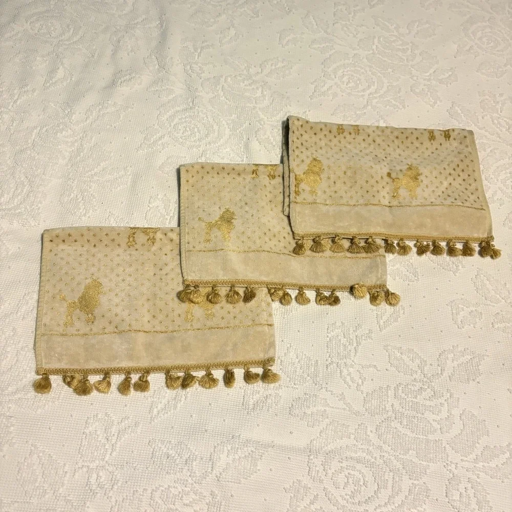 Poodle‎ Hand Towels Gold Cream All Over Print Fancy VTG 3 Fringed